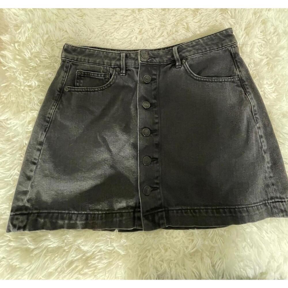 American Eagle Jean Skirt Black Faded Button Front High Waisted A-Line Mini Sz 8